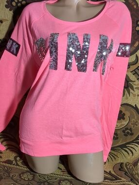 PINK Victoria's Secret  Pink-Coral Sequin Logo Scoop Neck